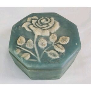 Vintage Green Soapstone Rose Incolay Octagon Signed R. Nemith Trinket Box Lid